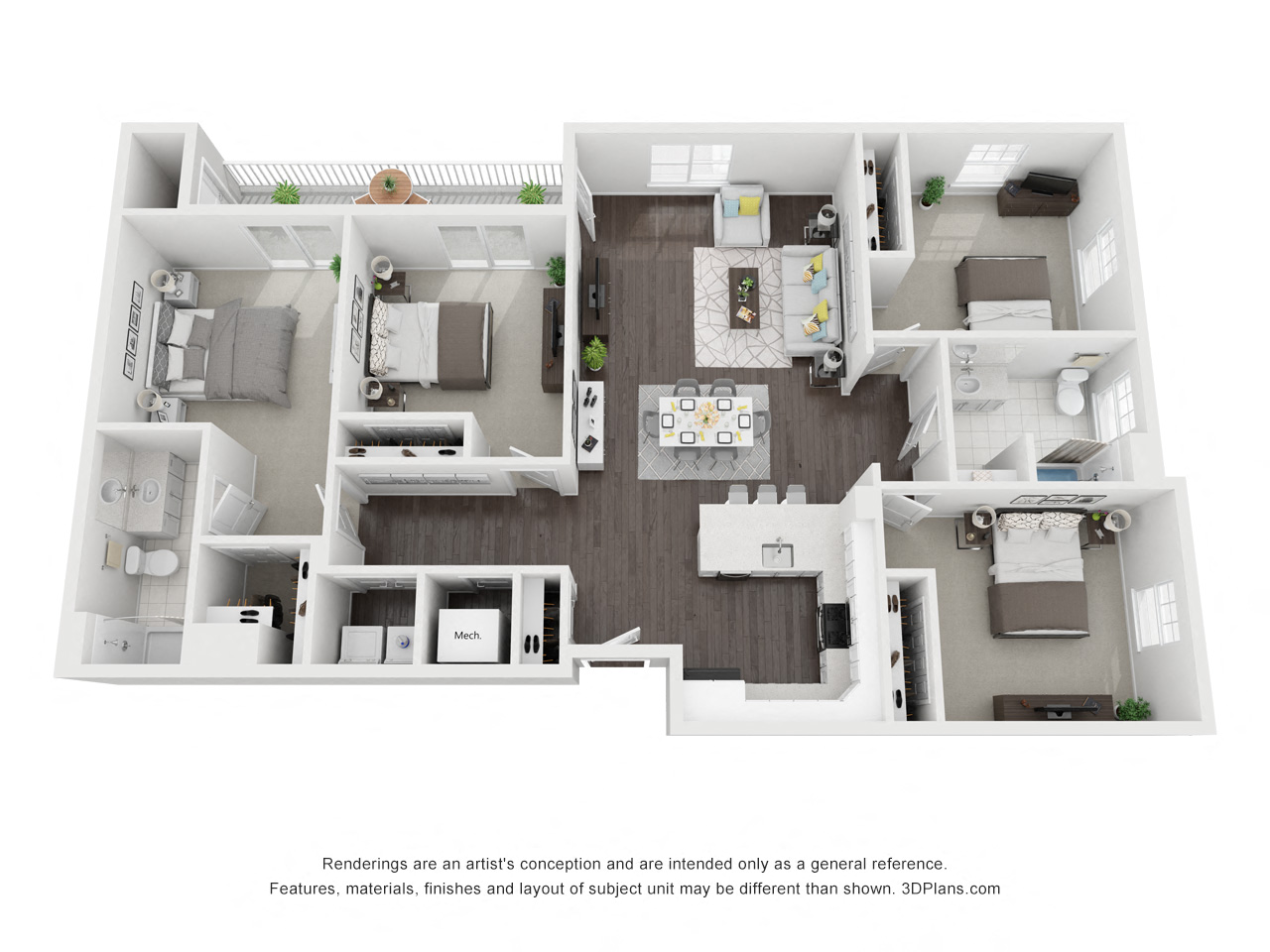 Floor plan for 4 beds, 2 baths, 1680 sqft